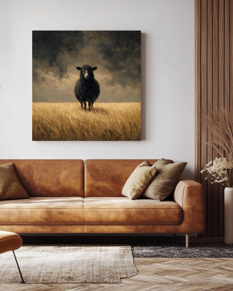 K&ouml;nnte beinhalten: Gerahmter Leinwanddruck mit einem schwarzen Schaf, das in einem Feld aus goldenem Gras unter einem st&uuml;rmischen Himmel steht. Das Kunstwerk h&auml;ngt &uuml;ber einem braunen Ledersofa mit Kissen.