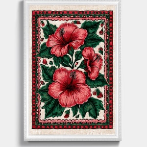 May include: Framed botanical art print featuring three vibrant red hibiscus flowers with green leaves. The artwork is set against a cream-colored background with a decorative red and green border, all within a white frame.