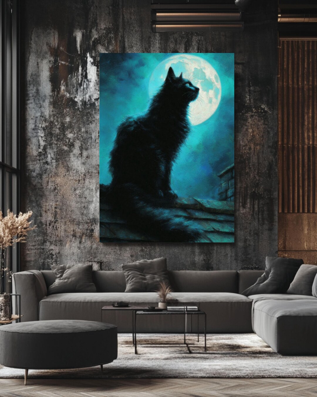 Black Cat Moon Gazing Poster, Mystical Night Oil Painting in Blue ...