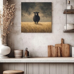 K&ouml;nnte beinhalten: Quadratische Leinwandkunst mit einem schwarzen Schaf, das in einem Feld aus hohem, goldenem Gras unter einem bew&ouml;lkten Himmel steht. Das Kunstwerk hat eine Vintage- und rustikale &Auml;sthetik, passend f&uuml;r Bauernhaus- oder Landhausdekoration.