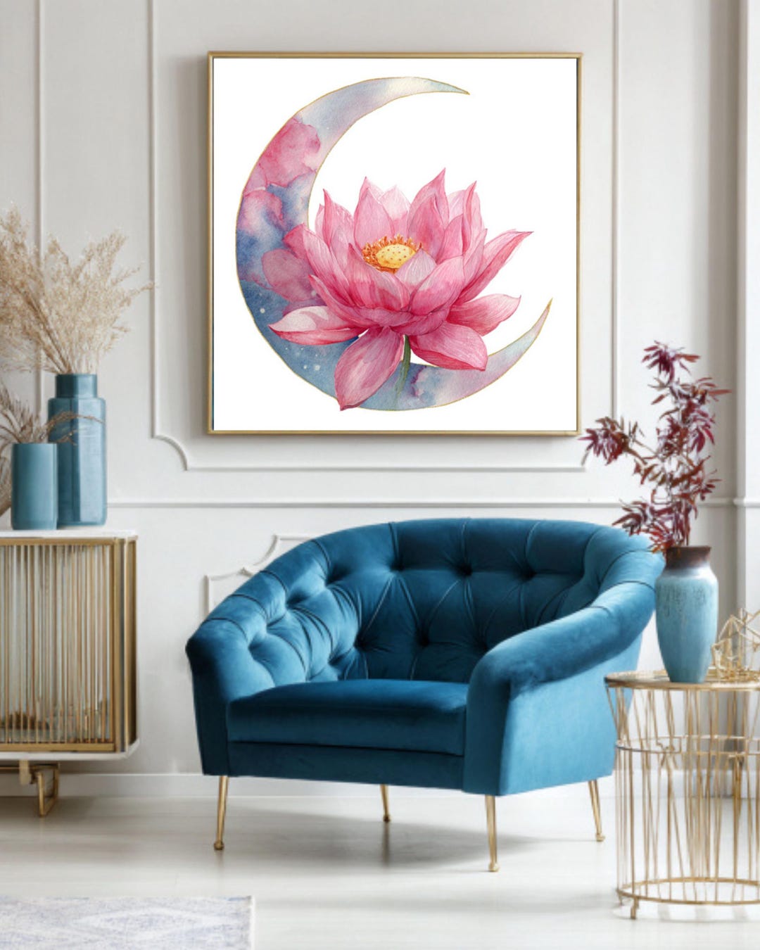 Watercolor Pink Lotus Moon Canvas Art, Boho Spiritual Print - Etsy