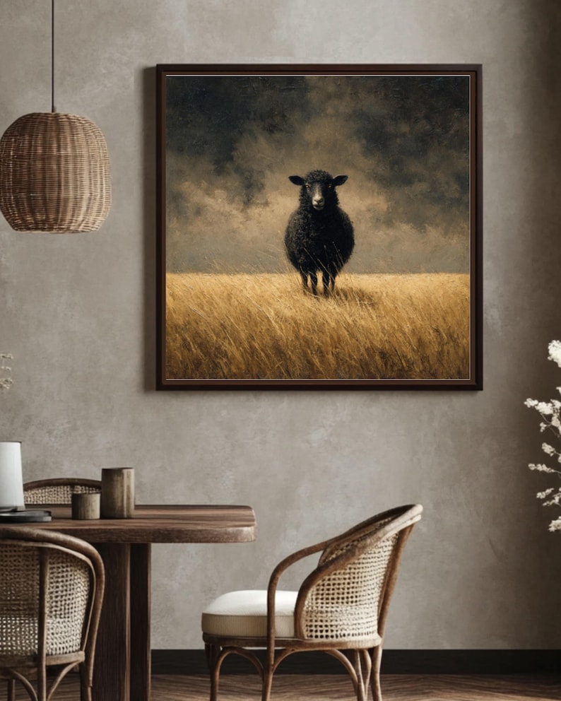 K&ouml;nnte beinhalten: Ein gerahmtes Kunstwerk zeigt ein schwarzes Schaf, das in einem Feld aus goldenem Gras unter einem st&uuml;rmischen Himmel steht. Das Kunstwerk ist in einem dunkelbraunen Rahmen gefasst und h&auml;ngt an einer Wand in neutralen Farbt&ouml;nen. Die Szene vermittelt Einsamkeit und nat&uuml;rliche Sch&ouml;nheit.