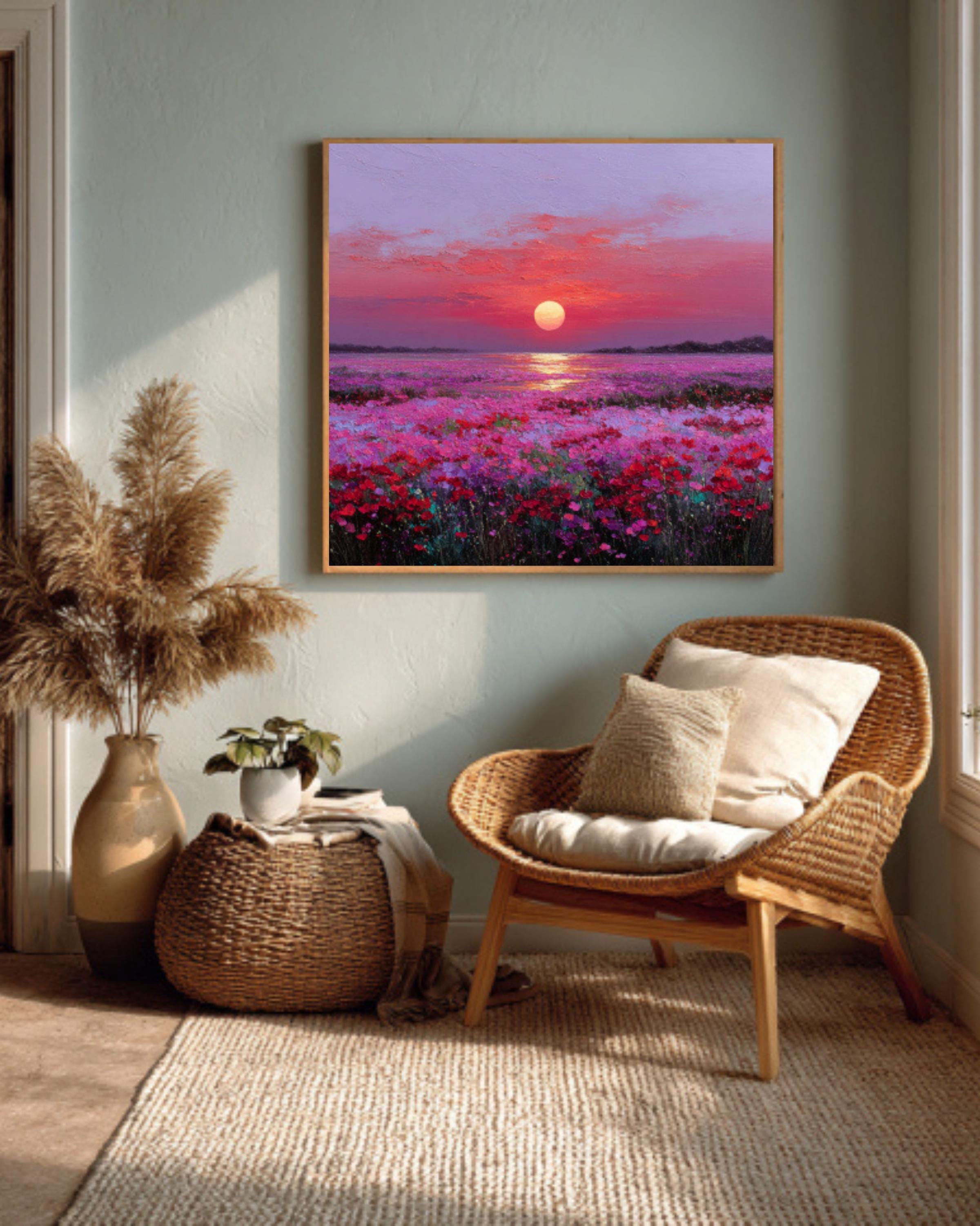 Endless Flower Field Wall Art – Romantic Sunset Oil Painting With Red ...