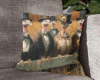 Dapper Turkey Throw Pillow – Anthropomorphic Turkeys Wearing Top Hats & Bow Ties, Autumn Field Fence Scene