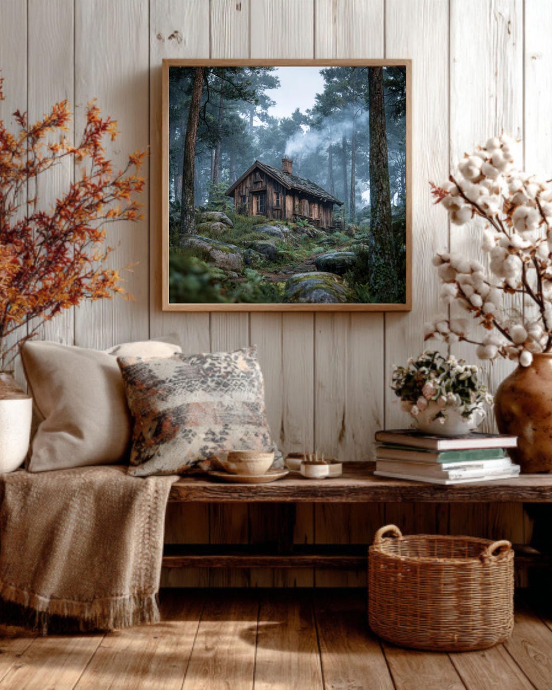 Rustic Cabin in Forest Canvas – Moody Pine Woods Print - Etsy