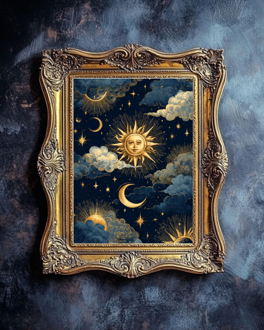 Celestial Sun Moon Stars Wall Art, Gold Foil Style Night Sky Print ...