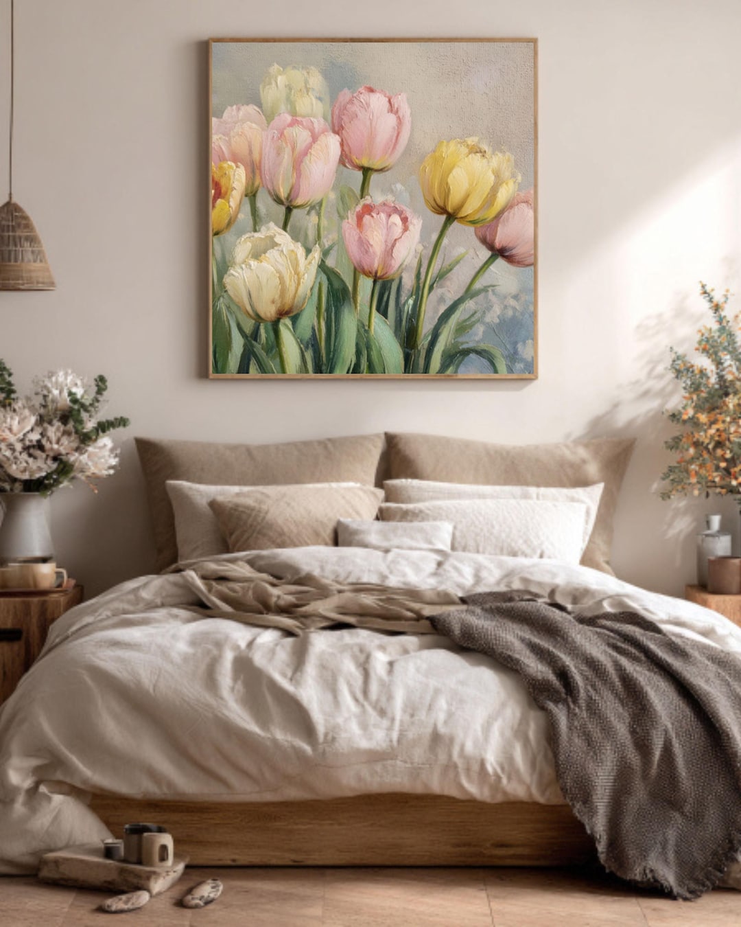 Vintage Tulip Oil Painting – Soft Pastel Floral Wall Art, Romantic ...