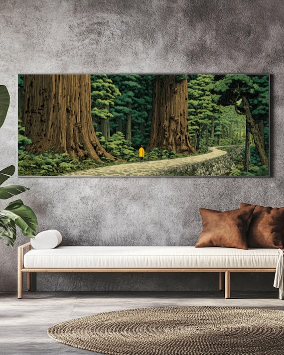 Japanese Woodblock Style Sequoia Tree Art, Hasui Kawase Inspired