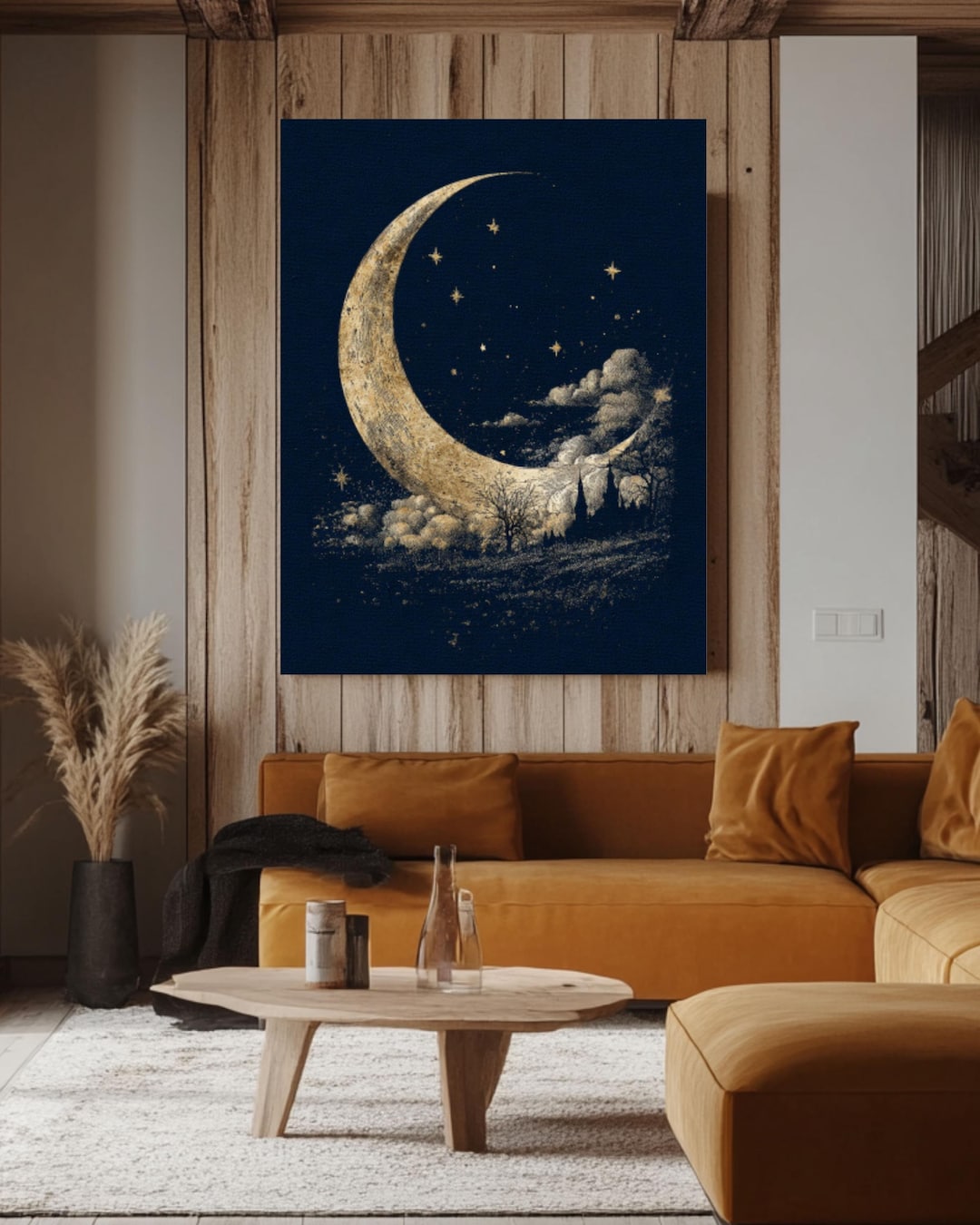 Vintage Crescent Moon & Stars Poster, Antique Sky Painting With Gold ...