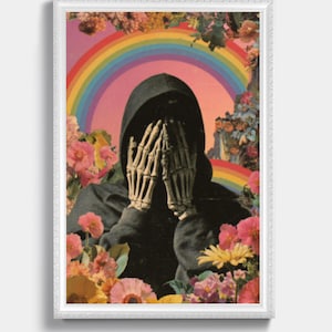 May include: Framed art print. A figure in a black hooded cloak has skeletal hands covering their face. A rainbow arches over the figure, surrounded by colourful flowers. The artwork has a vintage, collage-like aesthetic.