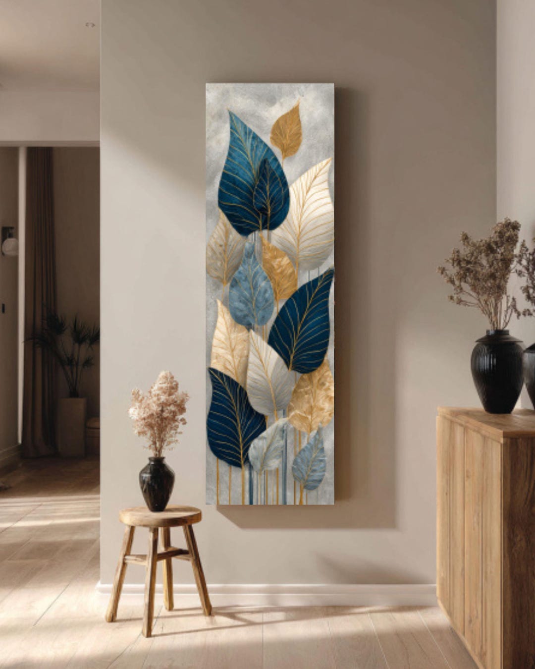 Modern Blue Leaf Art, Beige Botanical Canvas, Abstract Gold Line Wall ...