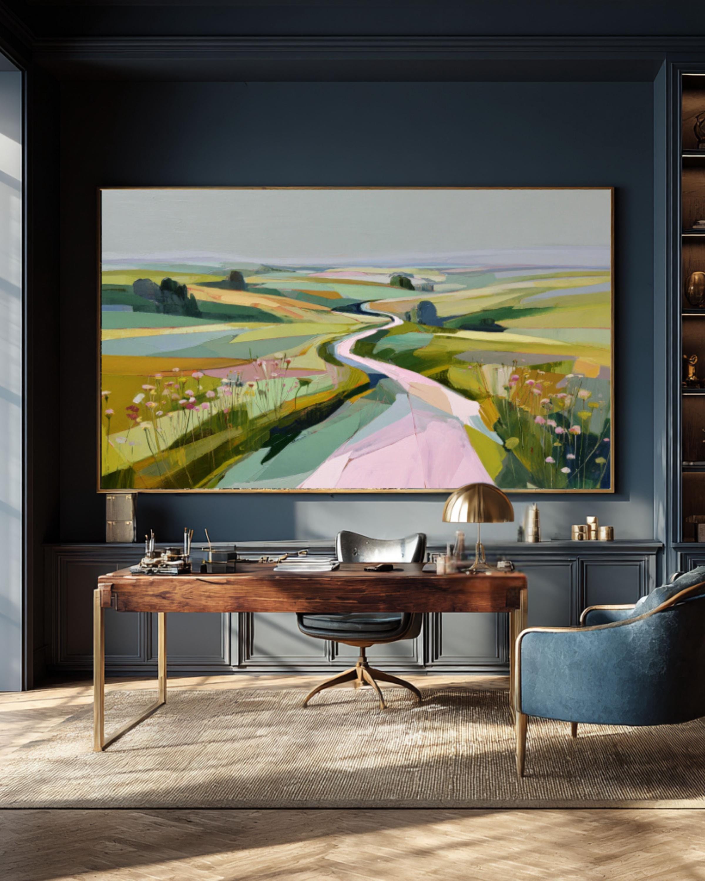 English Countryside Abstract Painting, Soft Pink & Green Landscape Art ...