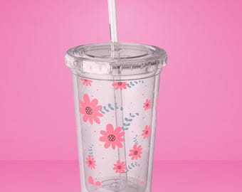 Pink Floral Acrylic Tumbler with Straw – Girly Iced Coffee Cup