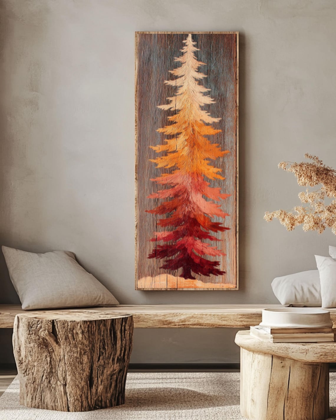 Rustic Pine Tree Painting on Wood Canvas, Warm Tones Woodland Art ...