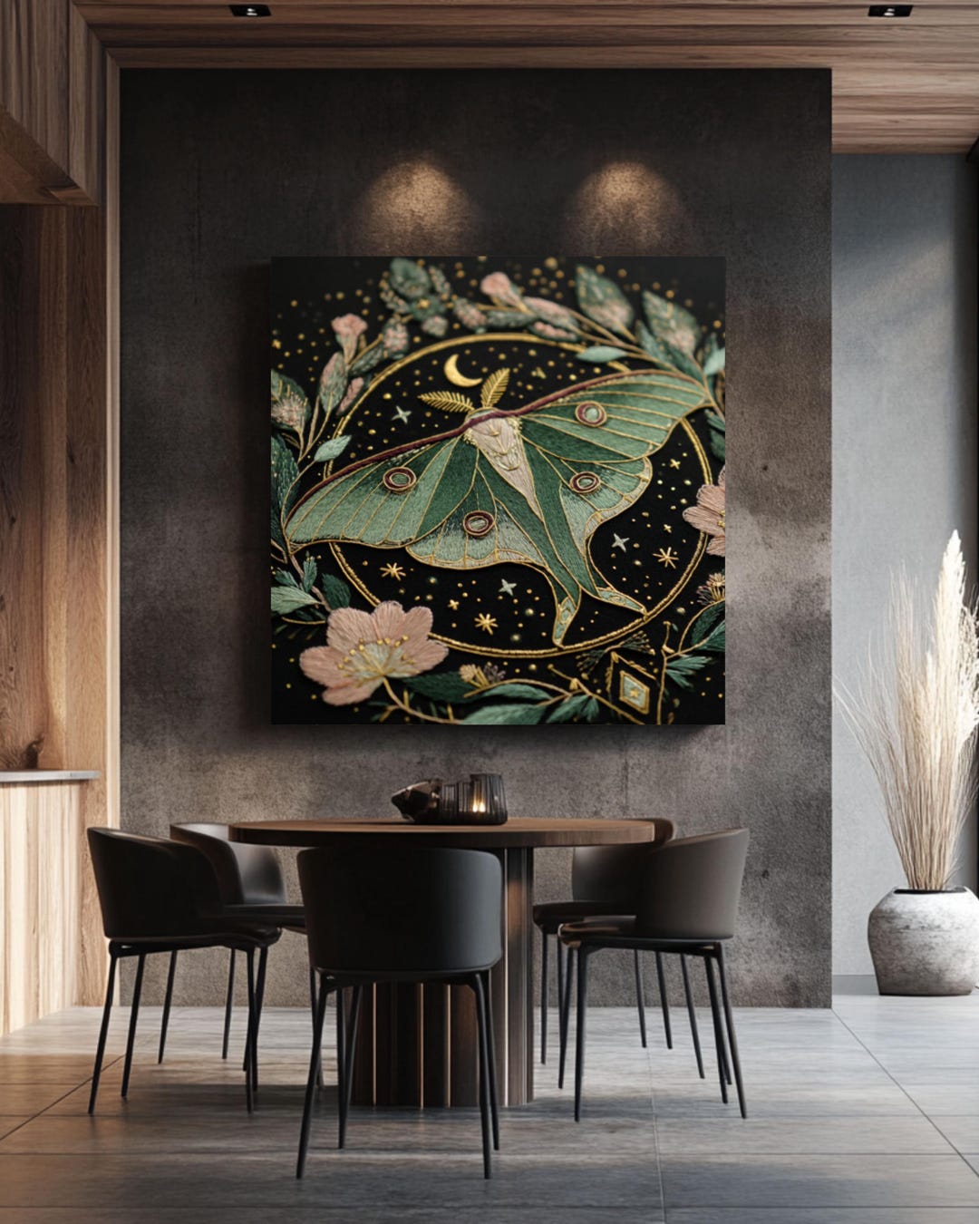 Luna Moth Embroidery Art, Art Nouveau Celestial-punk Floral Design With ...