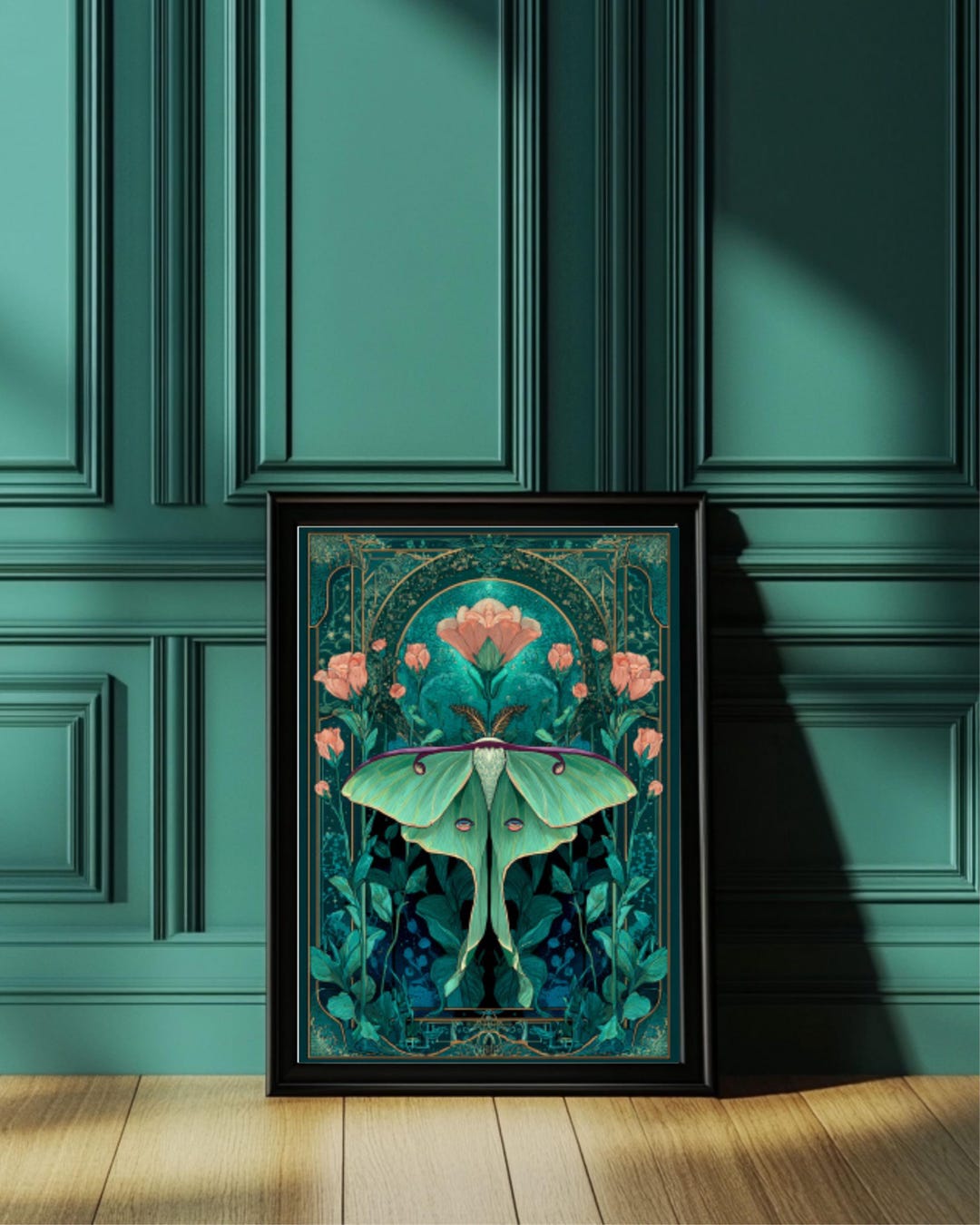 Vintage Luna Moth Print, Art Nouveau Floral Poster, Green & Gold ...