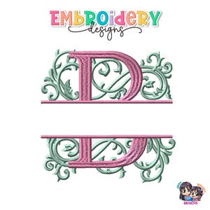 May include: An embroidery design featuring the letter "D" in pink, split into two sections. The letter is surrounded by light green swirling floral patterns. The word "EMBROIDERY designs" is at the top in colorful letters.
