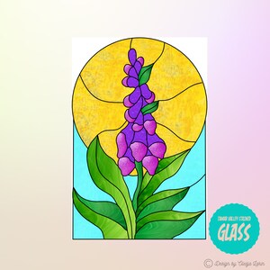 May include: A stained glass window design featuring a purple flower with green leaves against a yellow and blue background. The text "Tamar Valley Stained Glass" is in a circle at the bottom of the image.