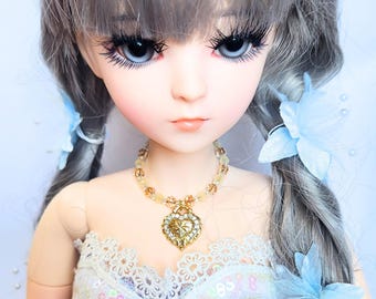 14k vergoldete Herz Anhänger BJD Halskette, Kristallperlen Puppenschmuck (11 cm + Verlängerungskettchen 3cm)