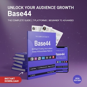 May include: A purple digital guide titled Base44: The Complete Guide to Building & Growing Your Audience Across All Social Media Platforms. The cover features icons for seven social media platforms, the text 2026 Edition, and a stack of books.