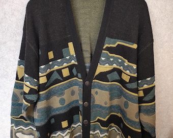 Vintage 1990s German Abstract Geometric Cardigan - GF Fischer Made in Germany - Men's Size XL Old 58 Retro Old Money Dads Fashion