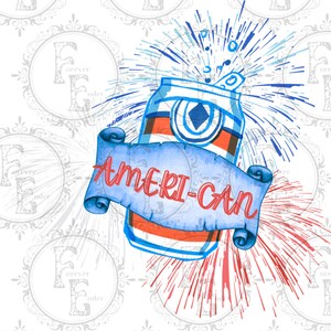 Puede incluir: Una lata roja, blanca y azul con un rollo rojo, blanco y azul que dice "AMERI-CAN". La lata está explotando con fuegos artificiales azules y blancos.