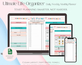 Planificador diario y semanal, Planificador digital, Hojas de cálculo de Google, Seguimiento de hábitos, Gestión de tareas, Horario diario, Planificador de horario diario, Lista de tareas pendientes