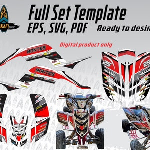 May include: A digital template for a red, white, and black ATV wrap design. The template includes graphics, text, and numbers. The text includes "MONTES", "NGK", "MAXXIS", and "FASST".