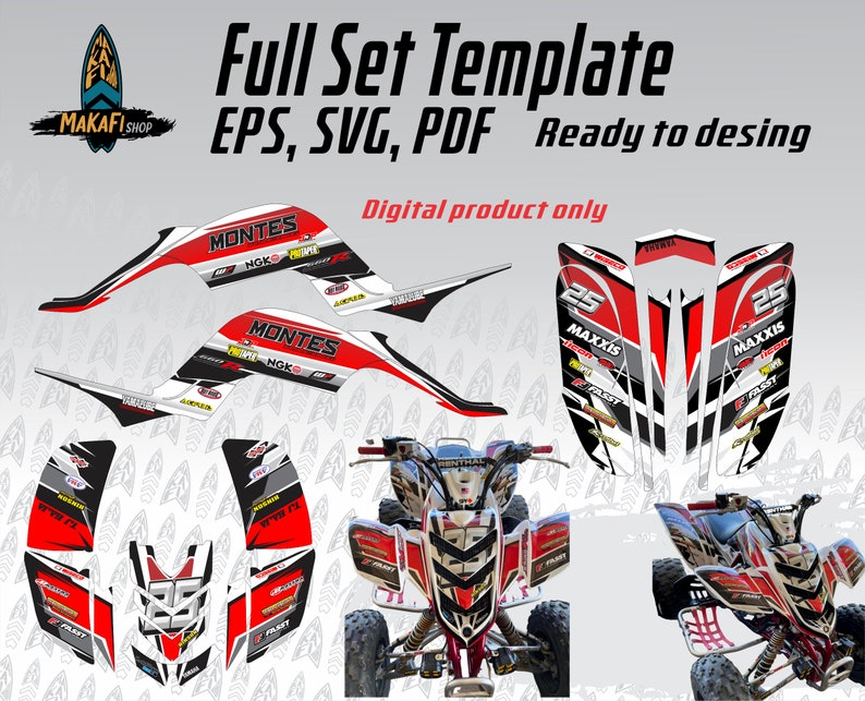 May include: A digital template for a red, white, and black ATV wrap design. The template includes graphics, text, and numbers. The text includes "MONTES", "NGK", "MAXXIS", and "FASST".