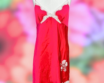 Vintage Lingerie - Hot Pink Lacy Slip Dress - Size 12 - Secret Treasures - Floral Lace