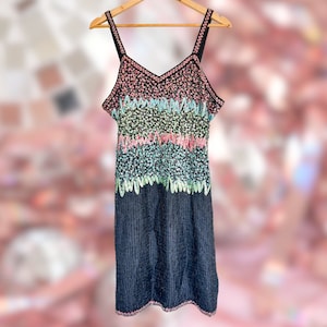 Vintage 1980s Beadsd Cocktail Dress - Size 6 - Black with Pink, Blue & Green Sequins - Vintage Beaded Dress - Midi Length - 100% Silk
