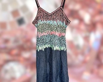 Vintage 1980s Beadsd Cocktail Dress - Size 6 - Black with Pink, Blue & Green Sequins - Vintage Beaded Dress - Midi Length - 100% Silk