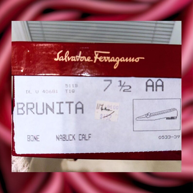 shoe box for vintage Salvatore Ferragamo Brunita loafers in Bone, size 7.5 AA, material is Nubuck calf