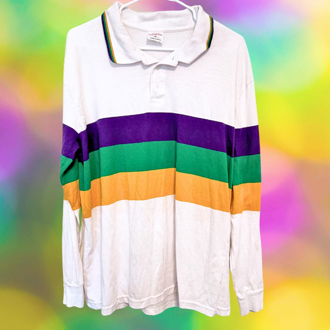 Y2K Mardi Gras Polo Long Sleeve XL Kaplin Inc Striped Color Block ...