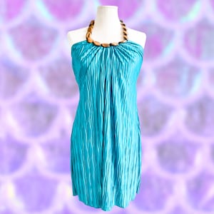 Y2K Mermaid Core Dress - NWT Teal Flowy Halter Neck Dress with Wood Beading - Tie Neck - Heart Soul - Size Large
