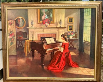 Litografía enmarcada vintage “Sonata” de M. Ditlef / Gran cuadro romántico de mediados de siglo / Hecho en EE. UU.