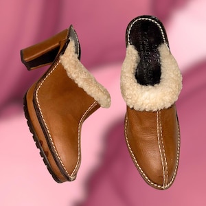 Mules vintage Donald J Pliner Sport “BHappy” de piel de oveja / Talla 7 / Tacón de 9,5 cm / Zuecos vintage de plataforma de piel / Mules de piel de los años 90