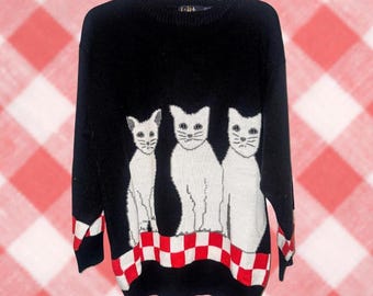 Vintage Cat Sweater by LeRoy Knitwear | Size XL | 1990s Cat Sweater | Cat Lover Sweater - 3 Cats on a Checkered Blanket