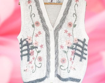 Vintage Floral Knit Vest With Embroidery Retro 90's Size Small - Etsy