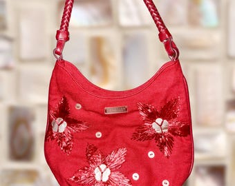 Red Y2K Purse - Embroidered with Mother of Pearl Flowers - Shoulder Bag - Floral Embroidery