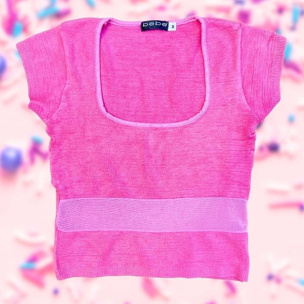 Y2K Pink Bebe Crop Top, Y2K Barbiecore Top, Y2K Crop Top, Hot Pink Crop Top, Square Neck, Sheer Stripe, Size Medium