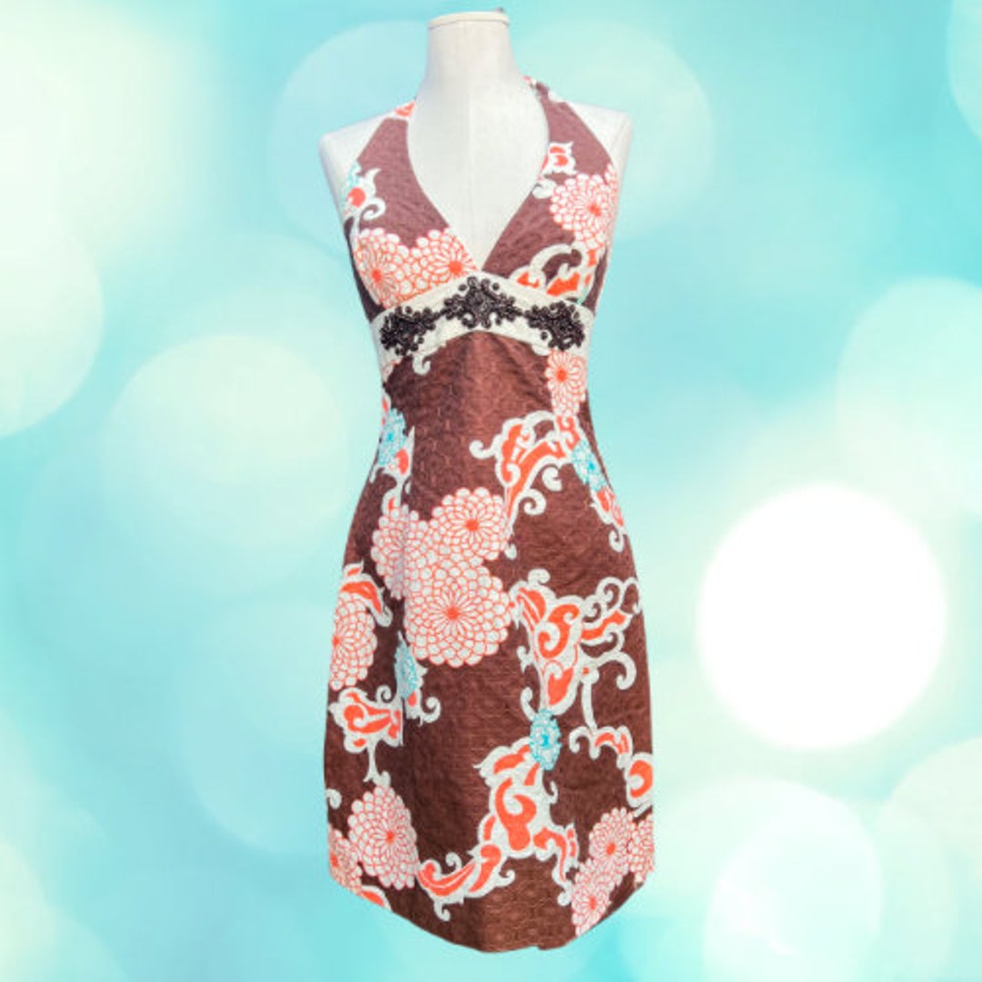 90s Summer Dress - Trina Turk - 90s Floral Dress With Halter Neck ...