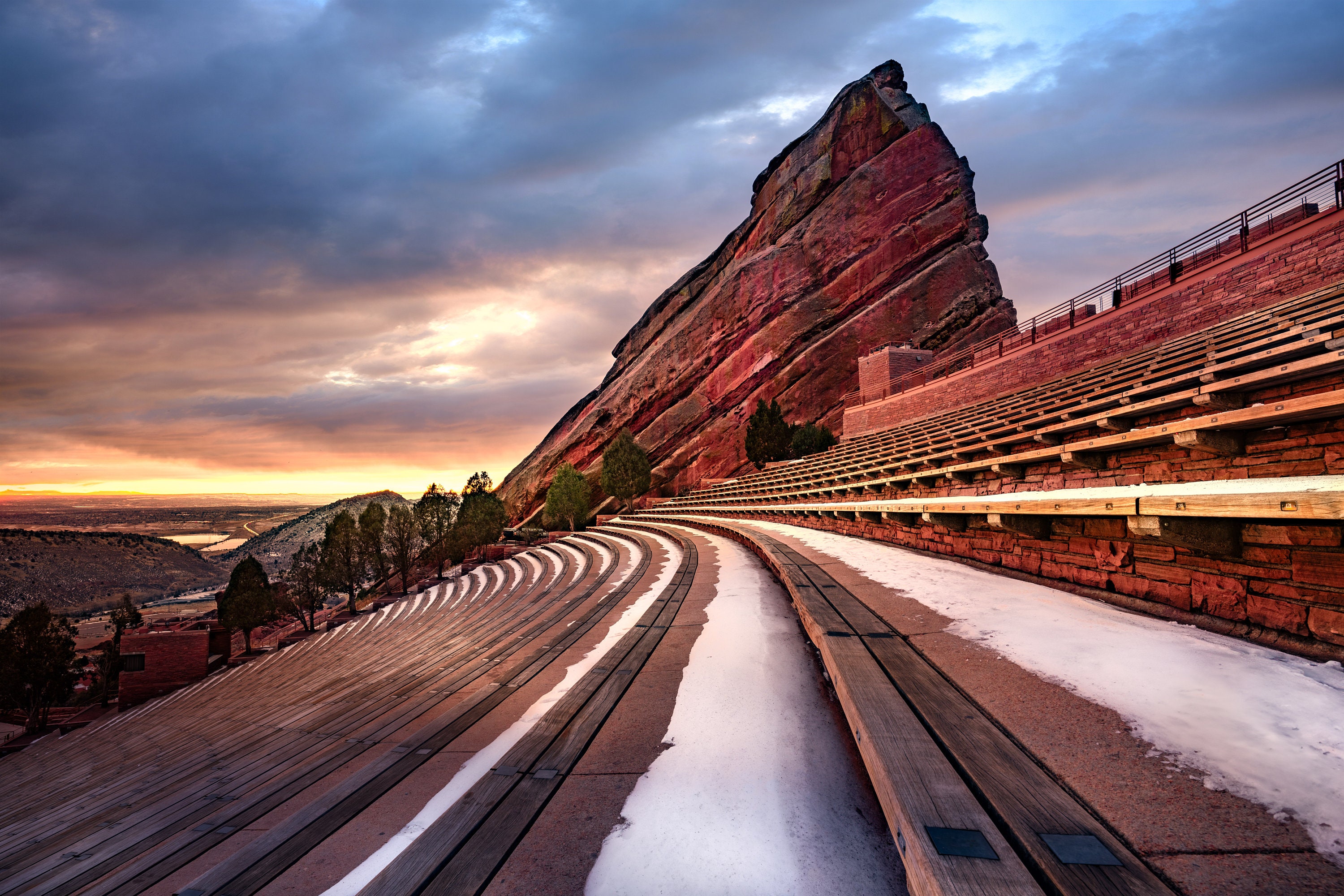 Red Rocks Amphitheater Snowy Sunrise Colorado, Print, Canvas, Metal