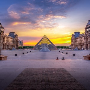 El Louvre al atardecer, Fotografía de París, Francia, Lienzo, Metal, Impresión en papel, Arte de pared, Decoración del hogar, Monumento francés, Sala de estar del dormitorio