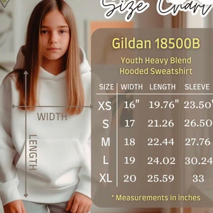 Pode incluir: Tabela de tamanhos para uma camisola de capuz Gildan 18500B Youth Heavy Blend. A tabela mostra os tamanhos XS a XL com as medidas em polegadas para a largura, o comprimento e a manga.
