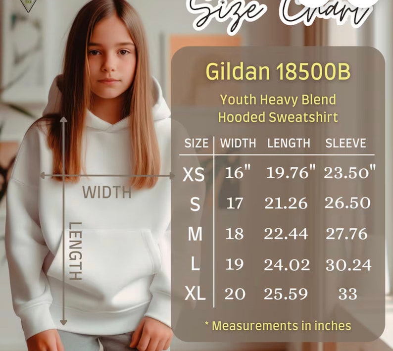 Pode incluir: Tabela de tamanhos para uma camisola de capuz Gildan 18500B Youth Heavy Blend. A tabela mostra os tamanhos XS a XL com as medidas em polegadas para a largura, o comprimento e a manga.