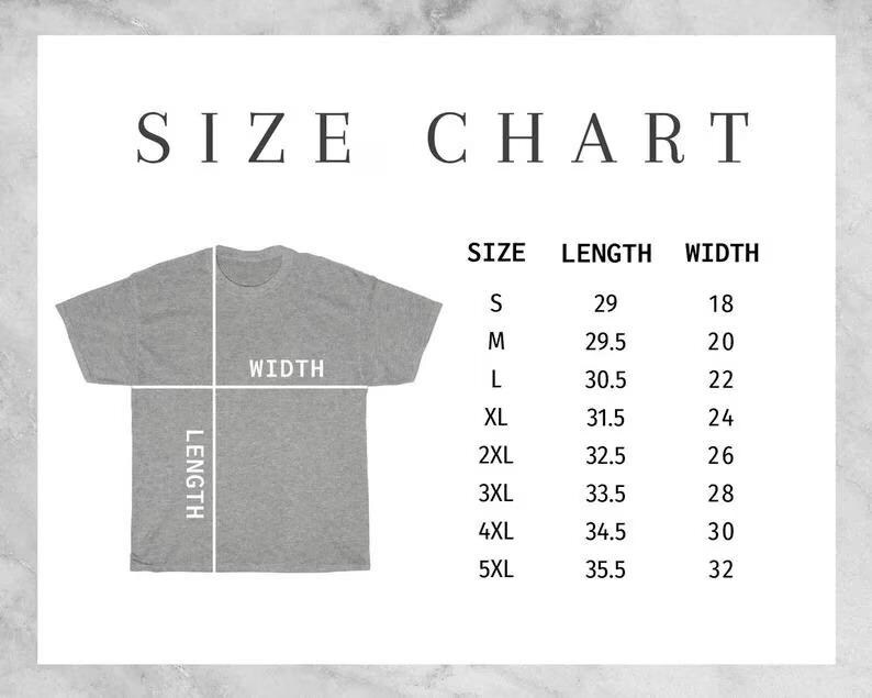 May include: Size chart for a t-shirt, showing measurements in inches for length and width. Sizes range from S to 5XL.