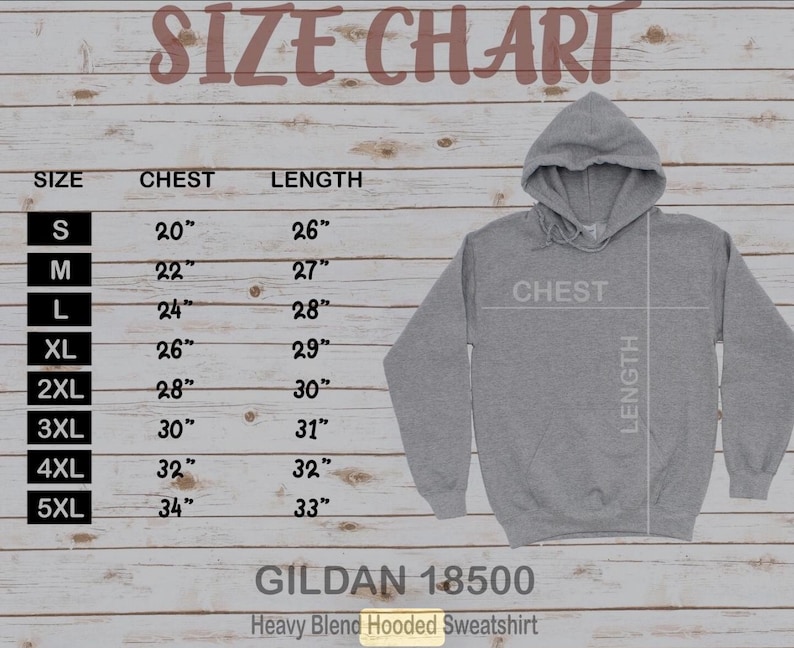 Może przedstawiać: Tabela rozmiar&oacute;w dla bluzy z kapturem Gildan 18500. Tabela pokazuje wymiary klatki piersiowej i długości w calach dla rozmiar&oacute;w od S do 5XL.
