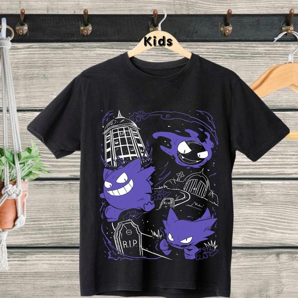 Kids T-shirt , Gengar Ghastly T-Shirt, Ghost Type element Silhouette, Video Game T-Shirt, Japanese Anime