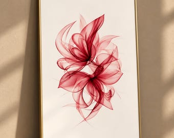 May include: A framed wall art print featuring a central abstract design of two overlapping, translucent red floral shapes with delicate, swirling petal-like lines on a plain white background, enclosed in a thin, metallic gold frame.